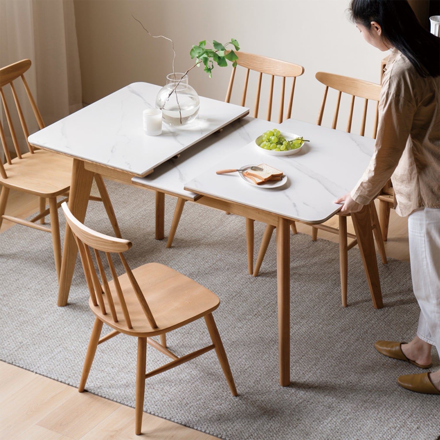 Scandinavian Oak Wood Sintered Stone Extendable Dining Table SHIFT