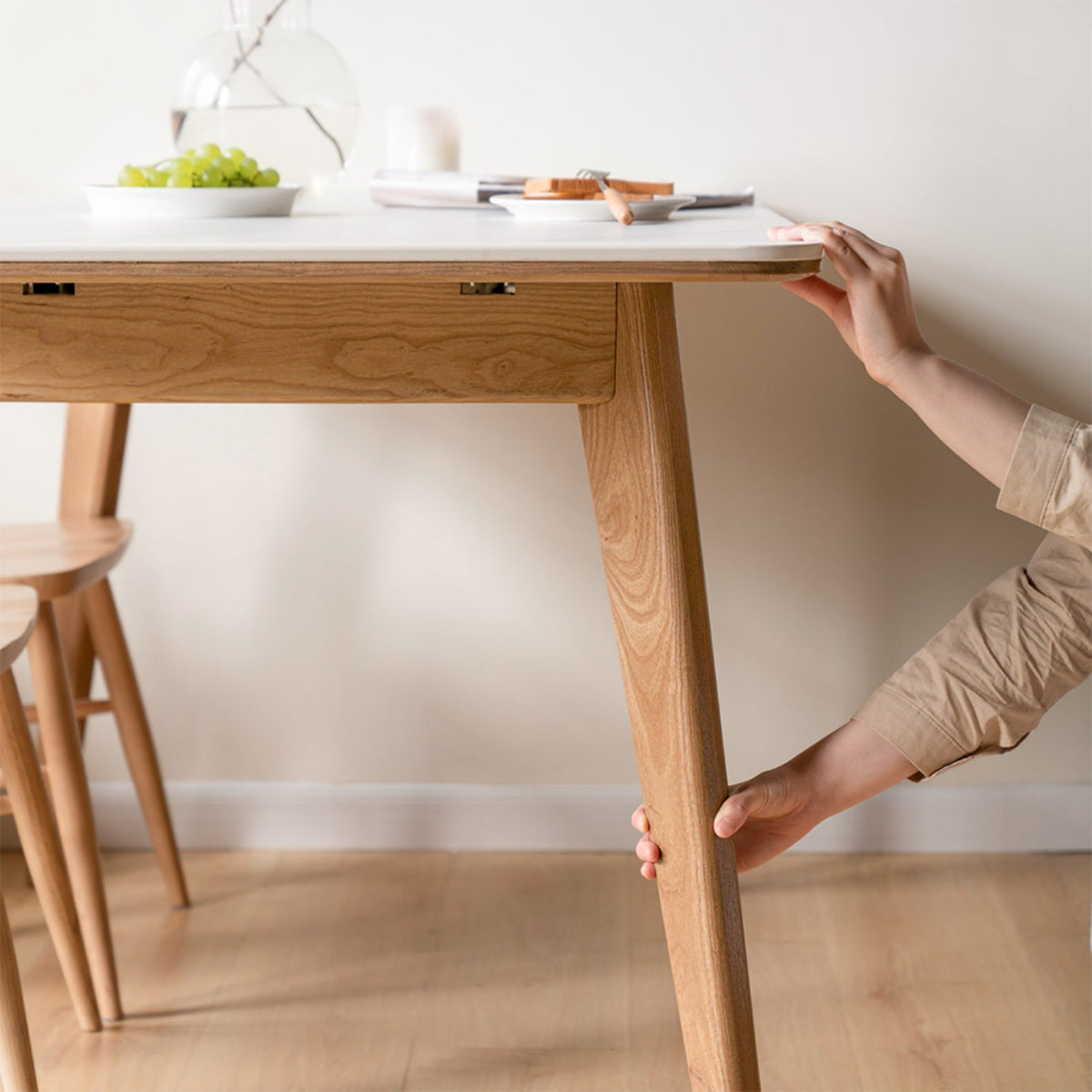 Scandinavian Oak Wood Sintered Stone Extendable Dining Table SHIFT