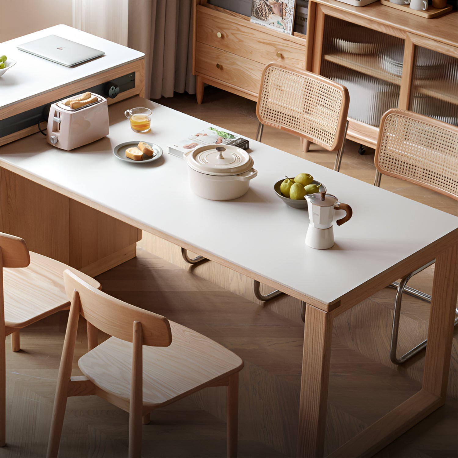 Scandinavian Oak Wood Sintered Stone Extendable Island Dining Table With Cabinet FLEXA