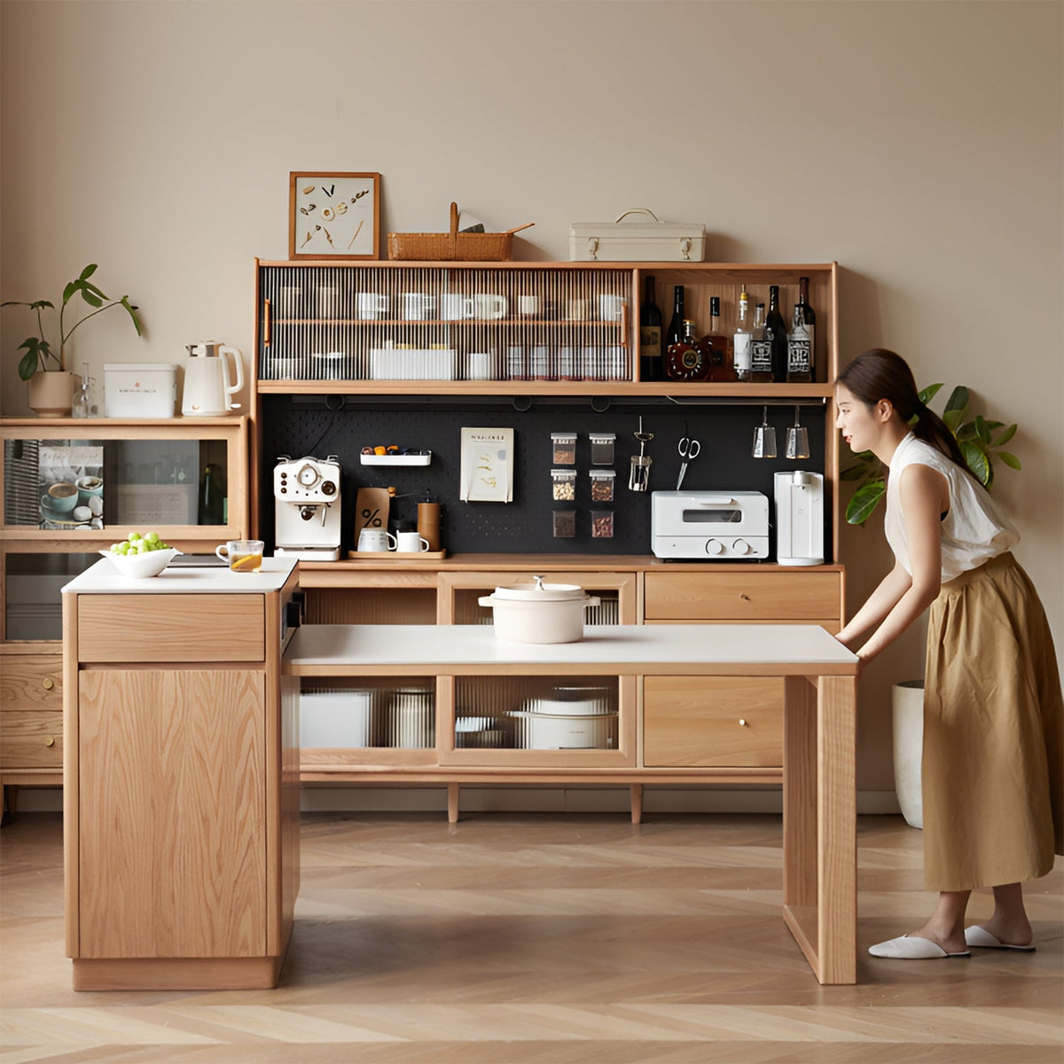 Scandinavian Oak Wood Sintered Stone Extendable Island Dining Table With Cabinet FLEXA