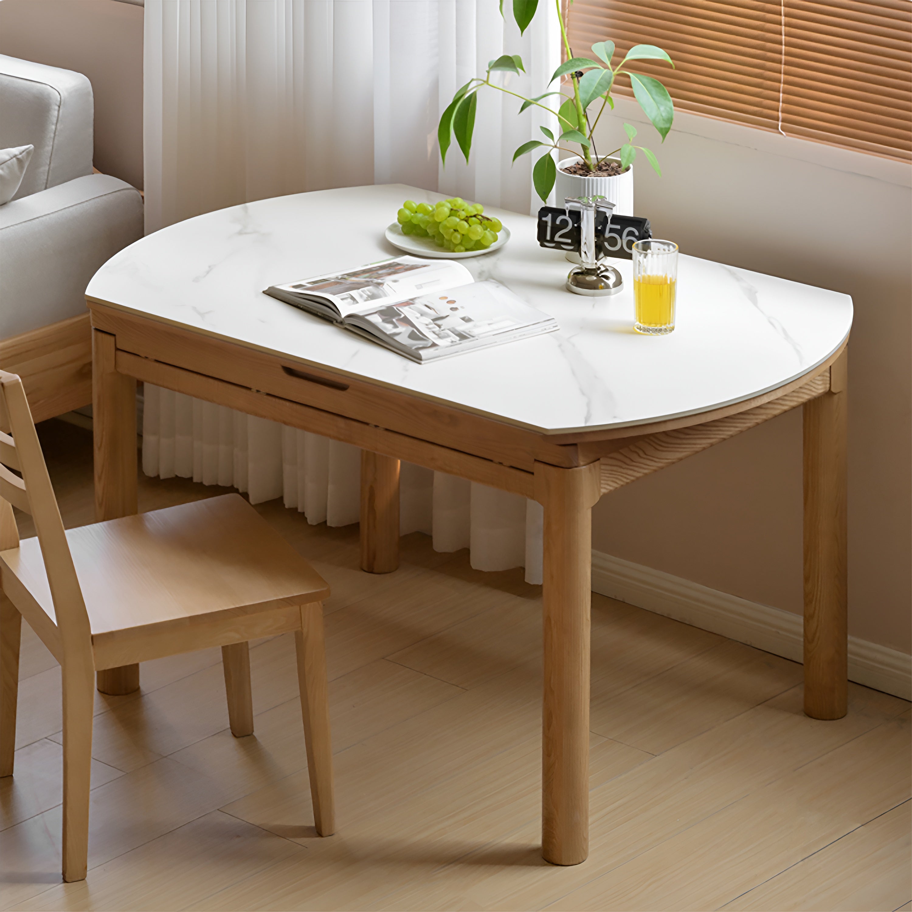 Scandinavian Oak Wood Sintered Stone Extendable Round Dining Table ORBIT