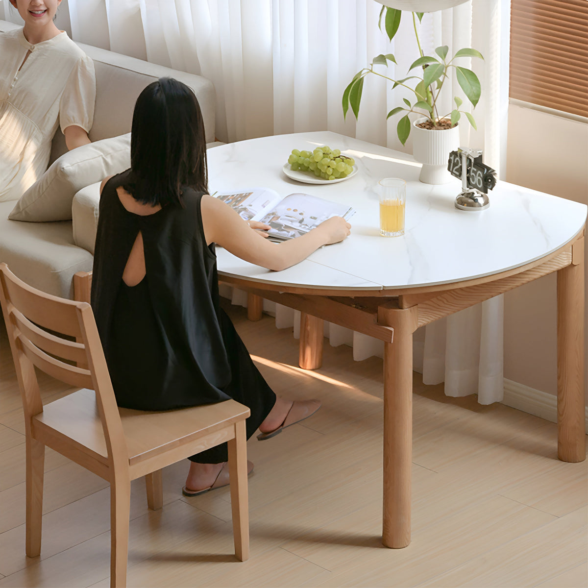 Scandinavian Oak Wood Sintered Stone Extendable Round Dining Table ORBIT
