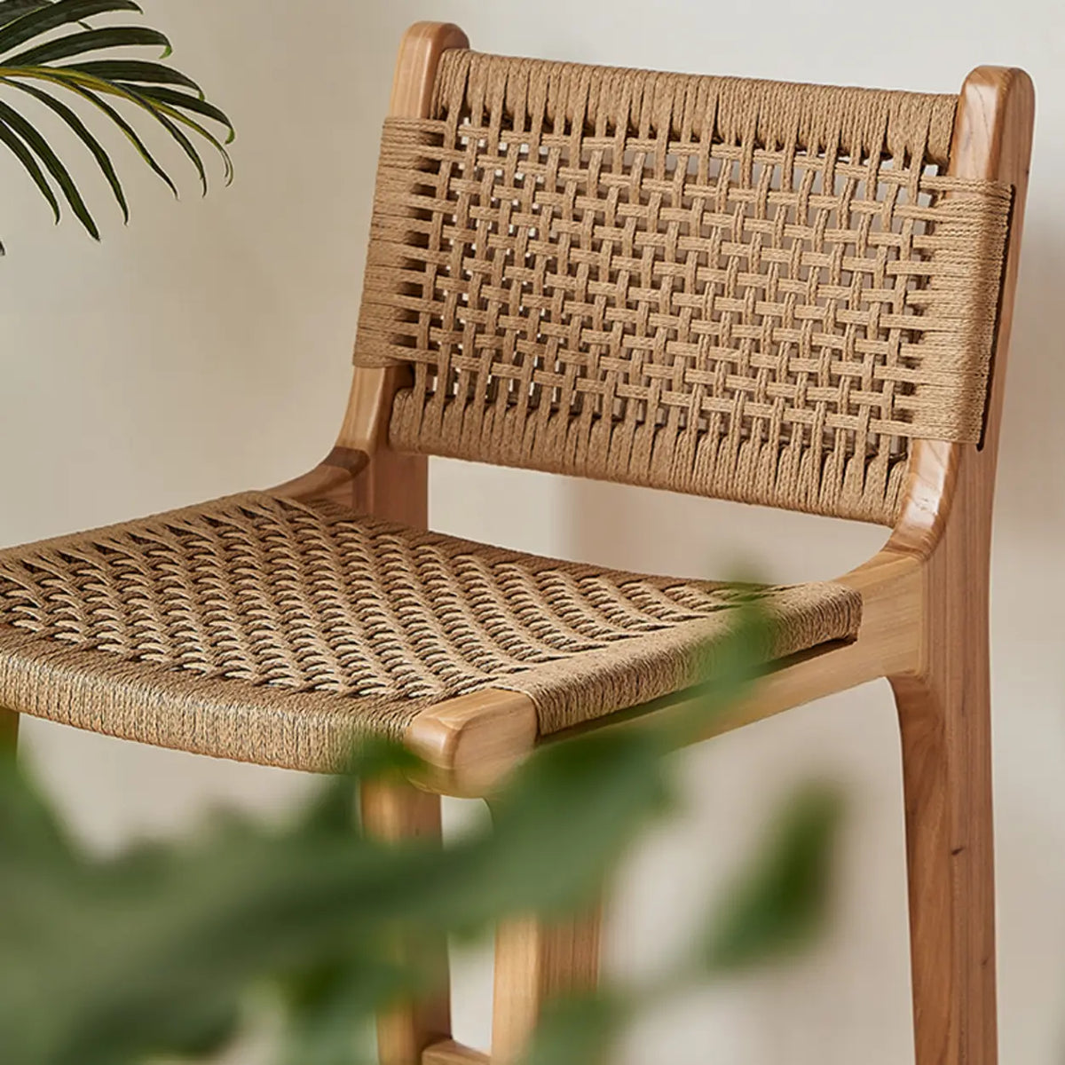 Scandinavian Woven Rope Wood Bar Stool with Low Back