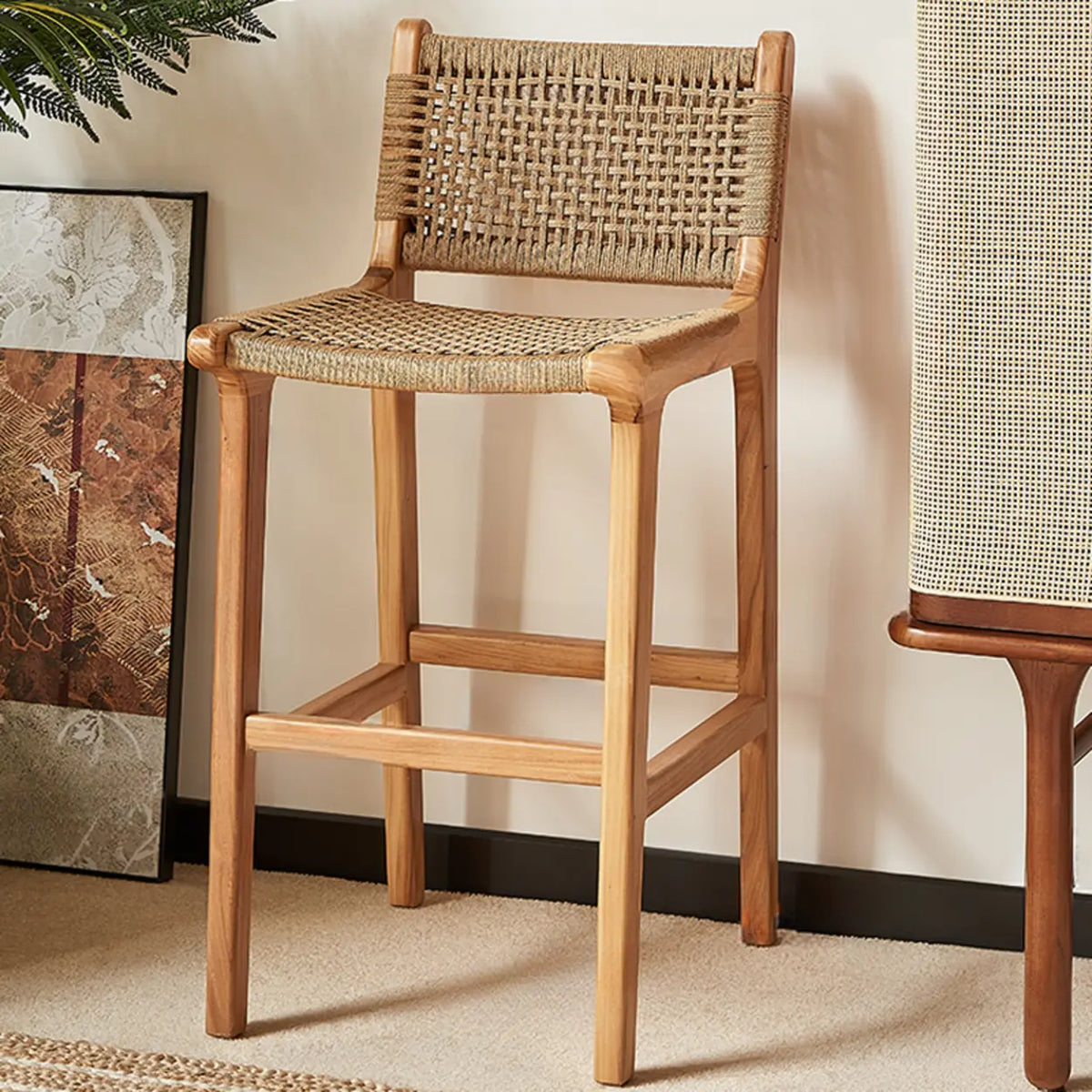 Scandinavian Woven Rope Wood Bar Stool with Low Back