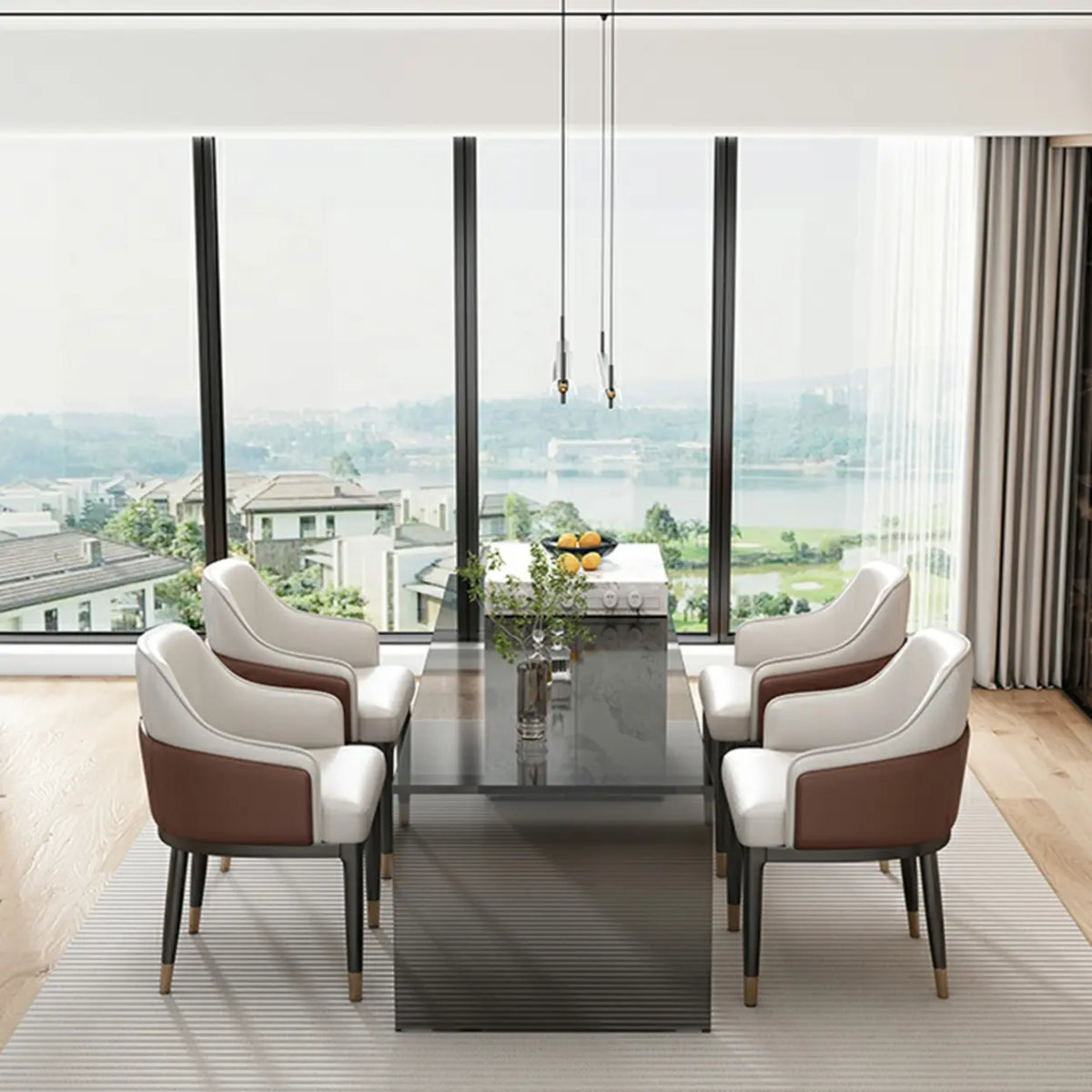 Sloped Arm Upholstered Dining Chair with Black Metal Legs
