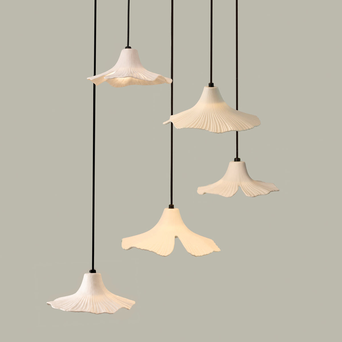 Sculptural Porcelain Ginkgo Leaf Wabi-sabi Pendant Light Chandelier