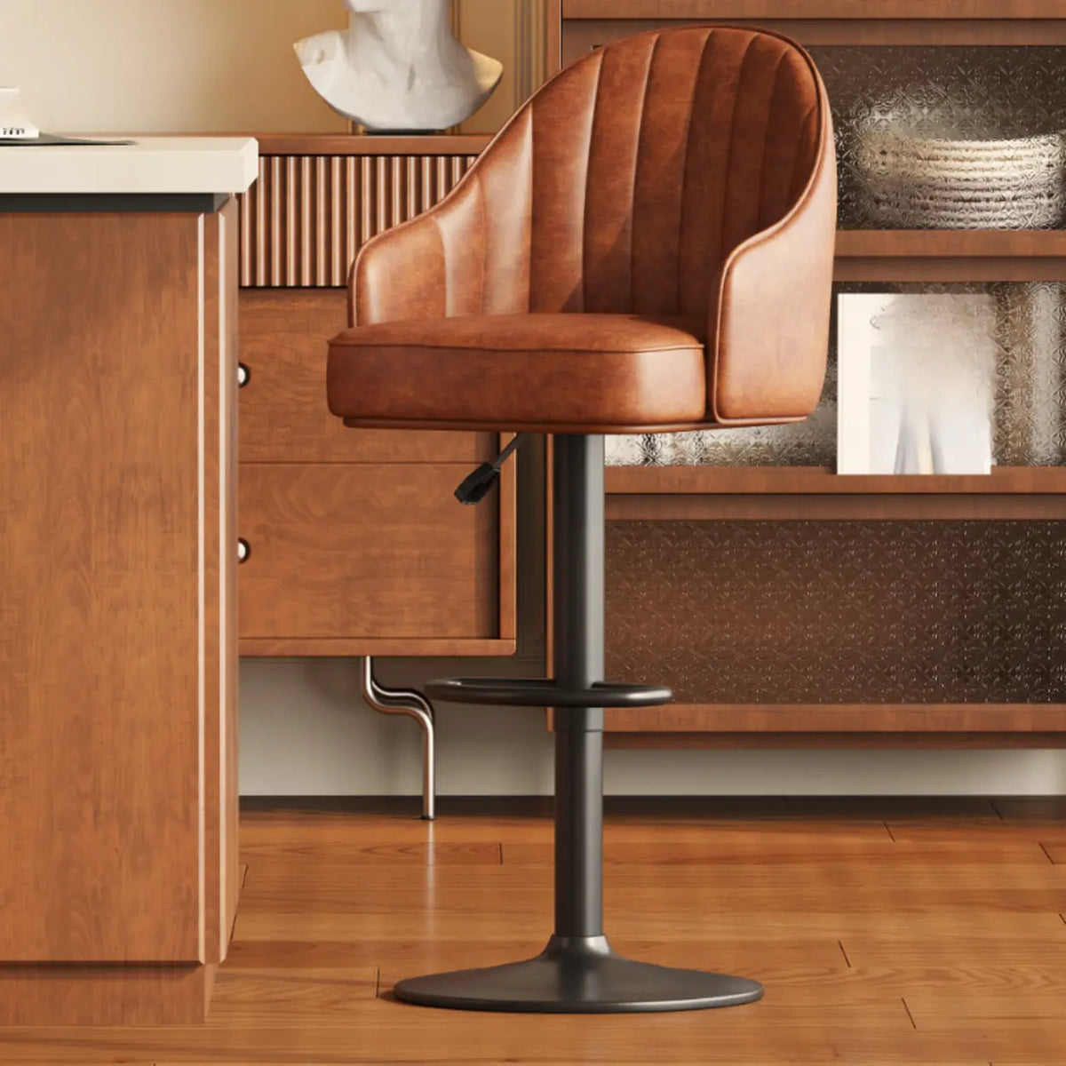 Upholstered Leather Bucket Bar Stool with Arms and Low Back