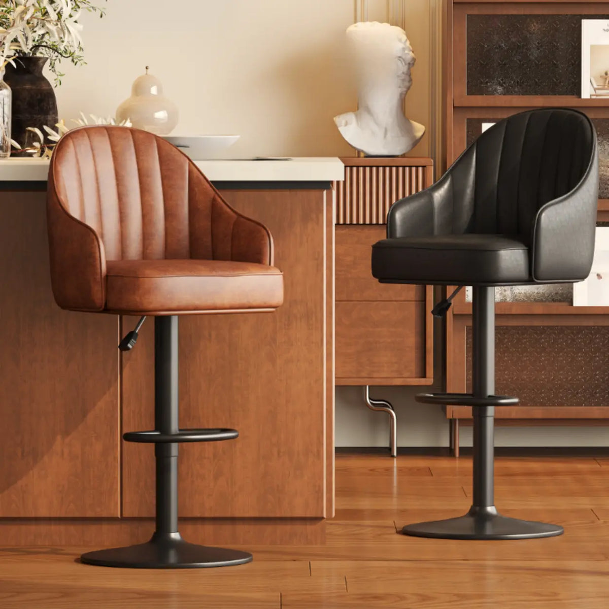 Upholstered Leather Bucket Bar Stool with Arms and Low Back