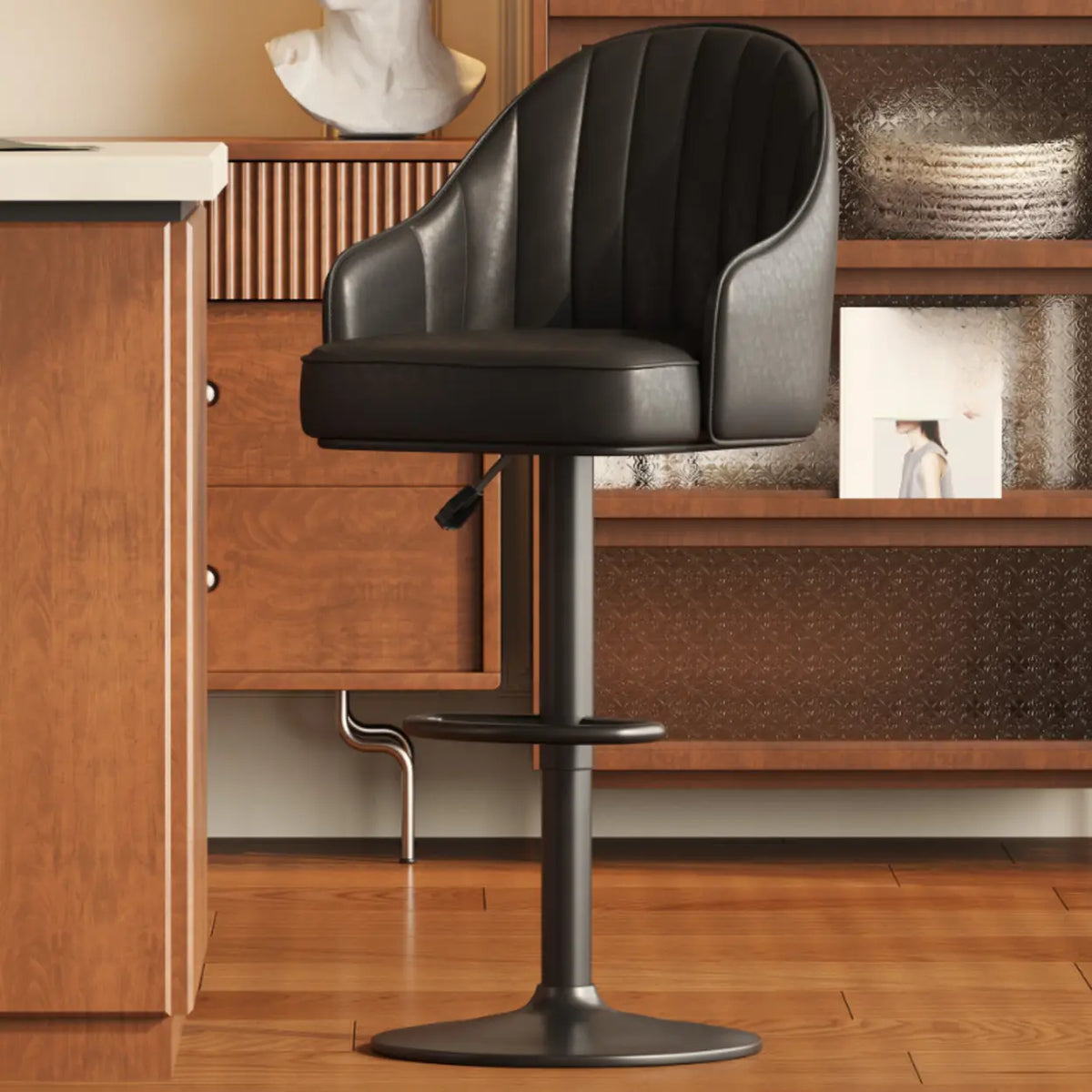 Upholstered Leather Bucket Bar Stool with Arms and Low Back