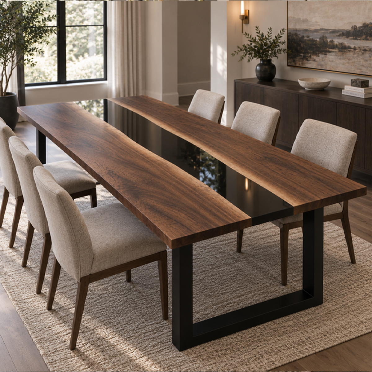 Walnut Black River Epoxy Dining Table, leg and base detail
