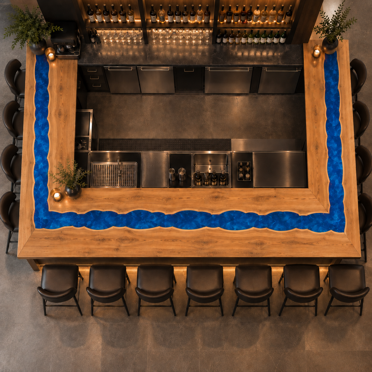 Walnut Blue Epoxy L-Shape Bar Table, edge and grain detail