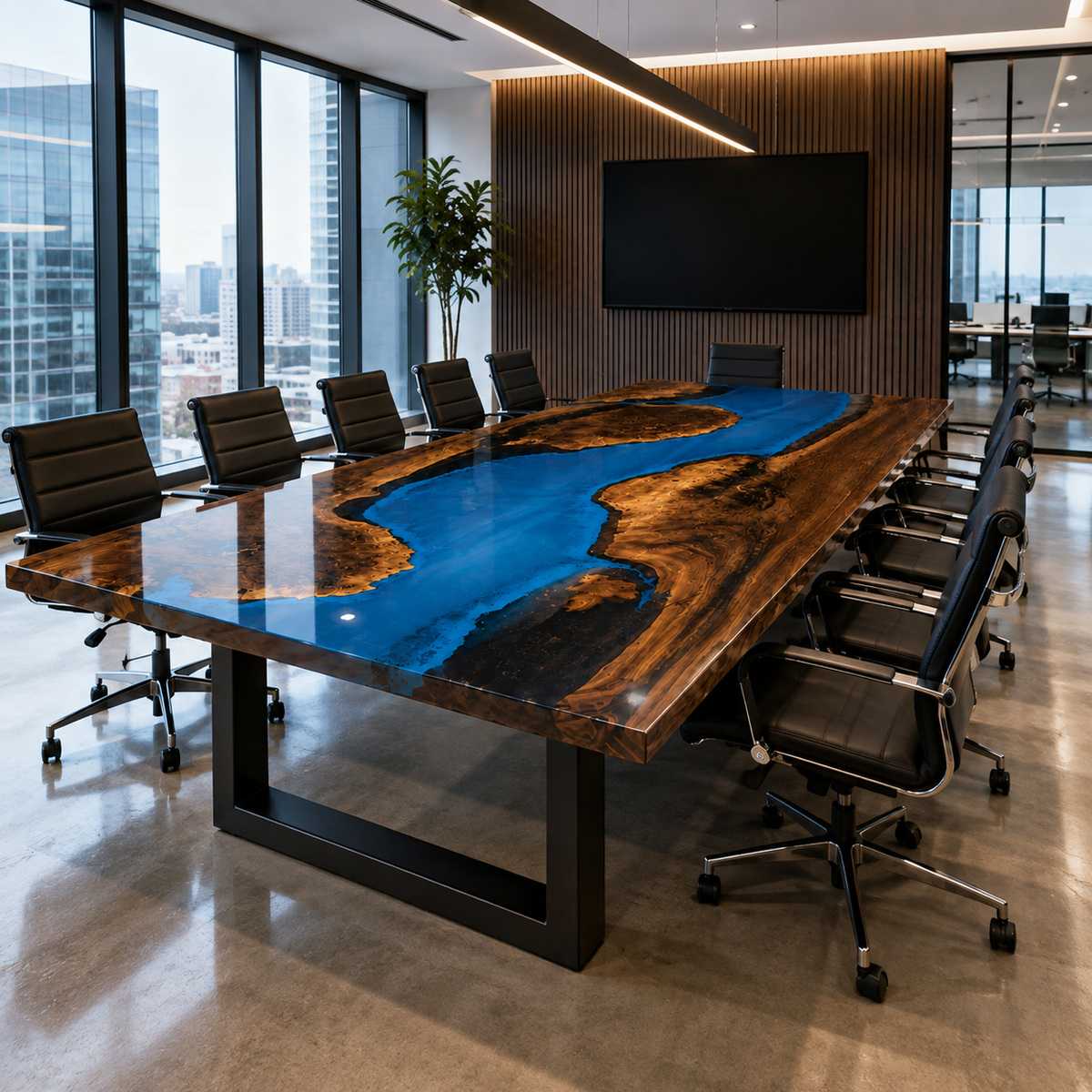 Walnut Blue River Conference Table, styled in a dining space